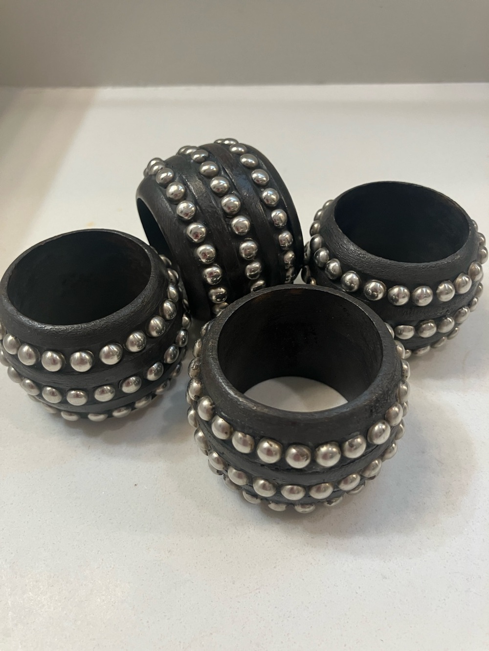 Black Brown Studded Wooden Napkin Rings - Set of 4